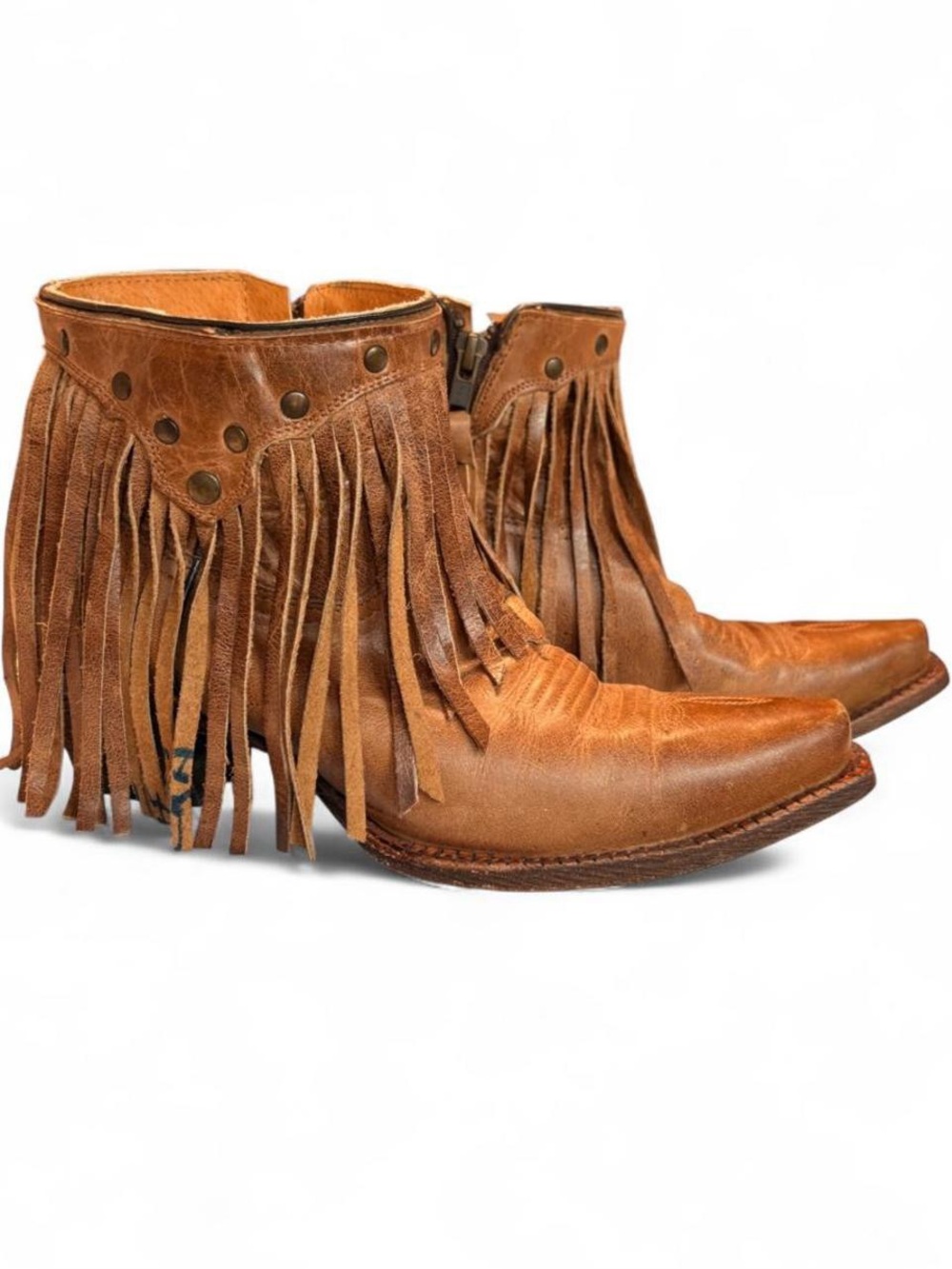 Corral Brown Leather Fringe Ankle Boots Booties w Stacked Heel 7 Cowgirl Rodeo